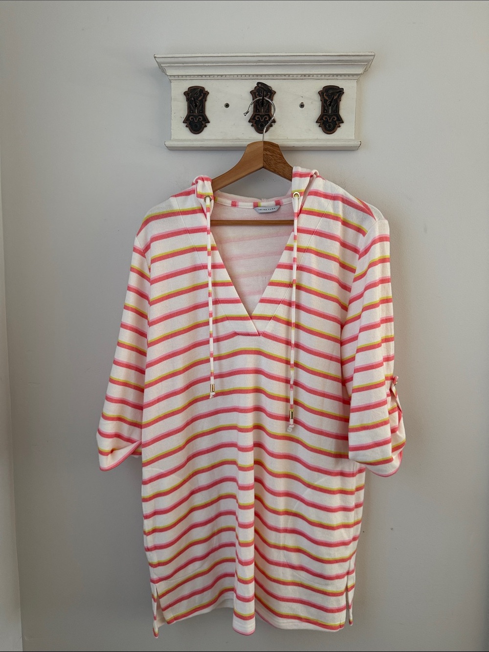 Trina Turk Striped V-Neck Hoodie Terry cloth Tunic in White, Pink, Yellow Beach